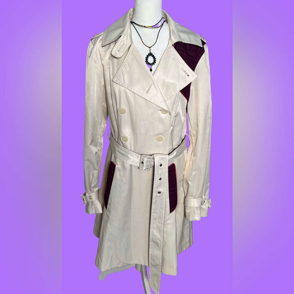 Green With Envy Stylish Cream and Burgundy Trench Coat with Reversible Belt